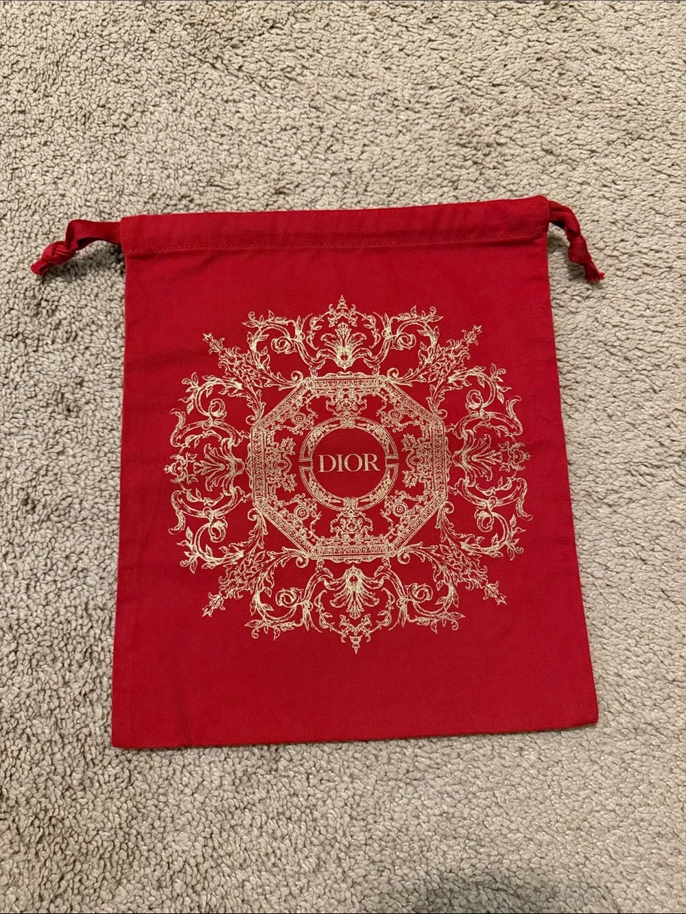 Dior Red Drawstring Cosmetic Dust Pouch with Gold Motif